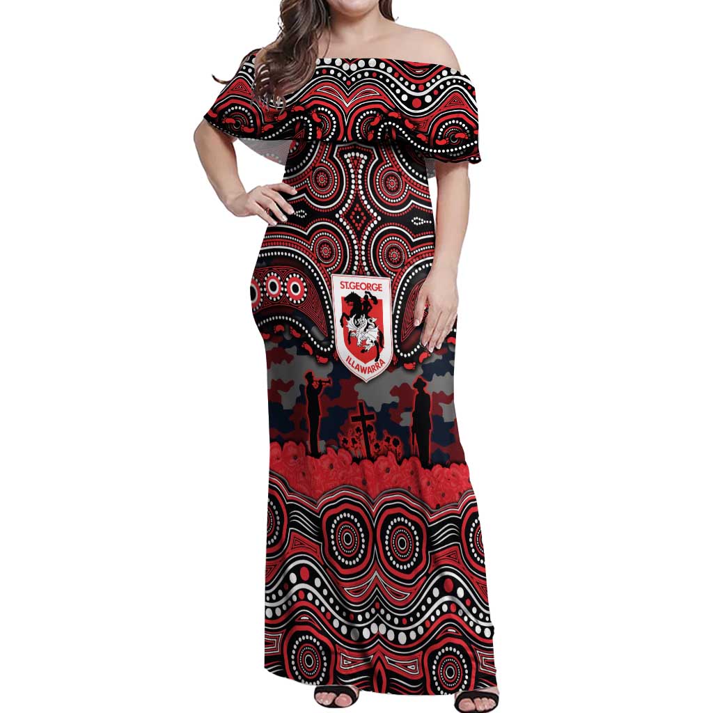ANZAC Day St George Illawarra Dragons Off Shoulder Maxi Dress Military Memorial Aboriginal Indigenous Art