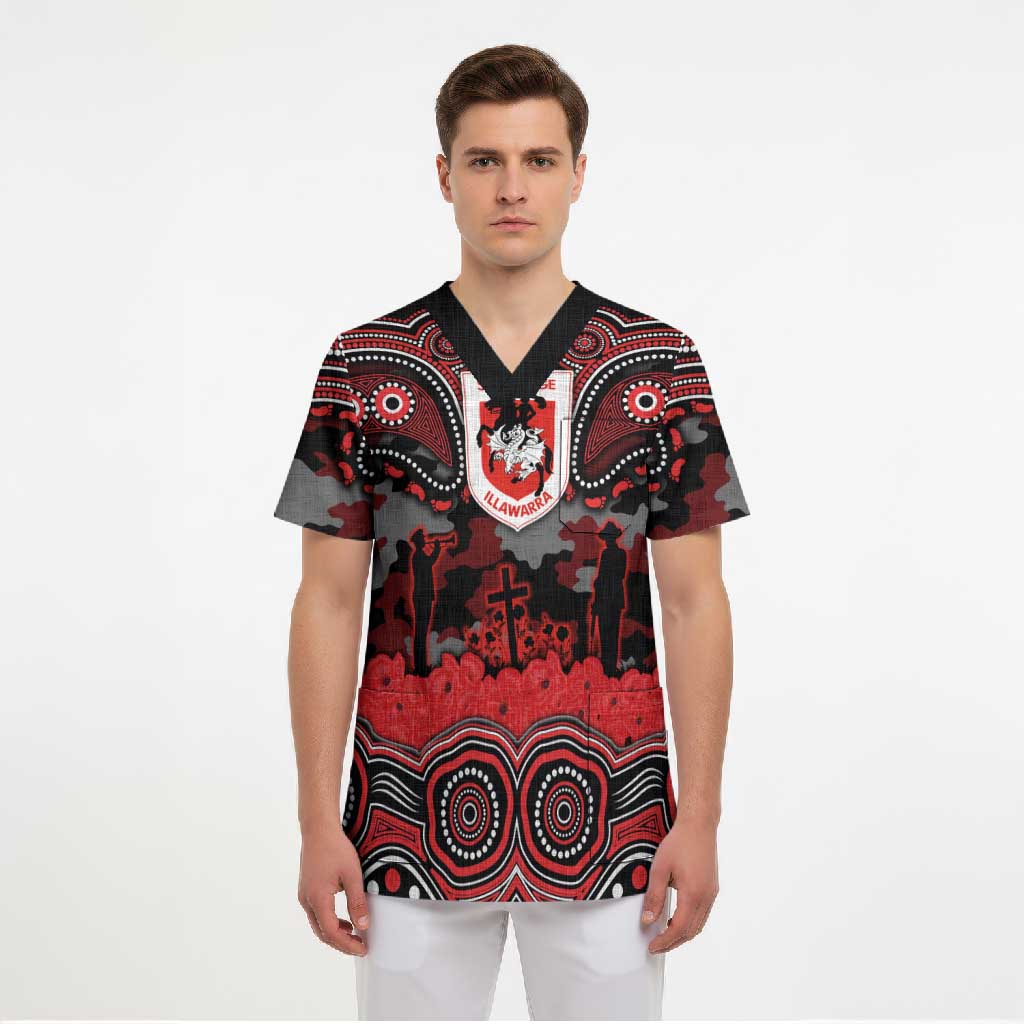 ANZAC Day St George Illawarra Dragons Scrub Top Military Memorial Aboriginal Indigenous Art