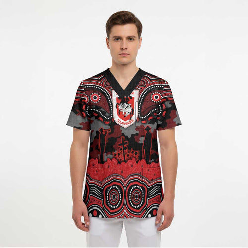 ANZAC Day St George Illawarra Dragons Scrub Top Military Memorial Aboriginal Indigenous Art