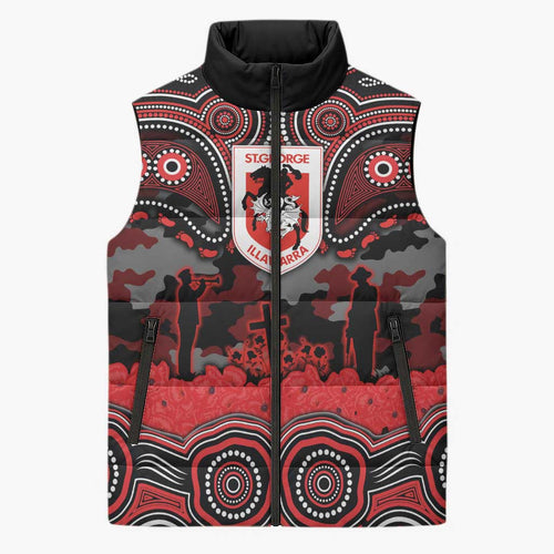 ANZAC Day St George Illawarra Dragons Sleeveless Puffer Jacket Military Memorial Aboriginal Indigenous Art