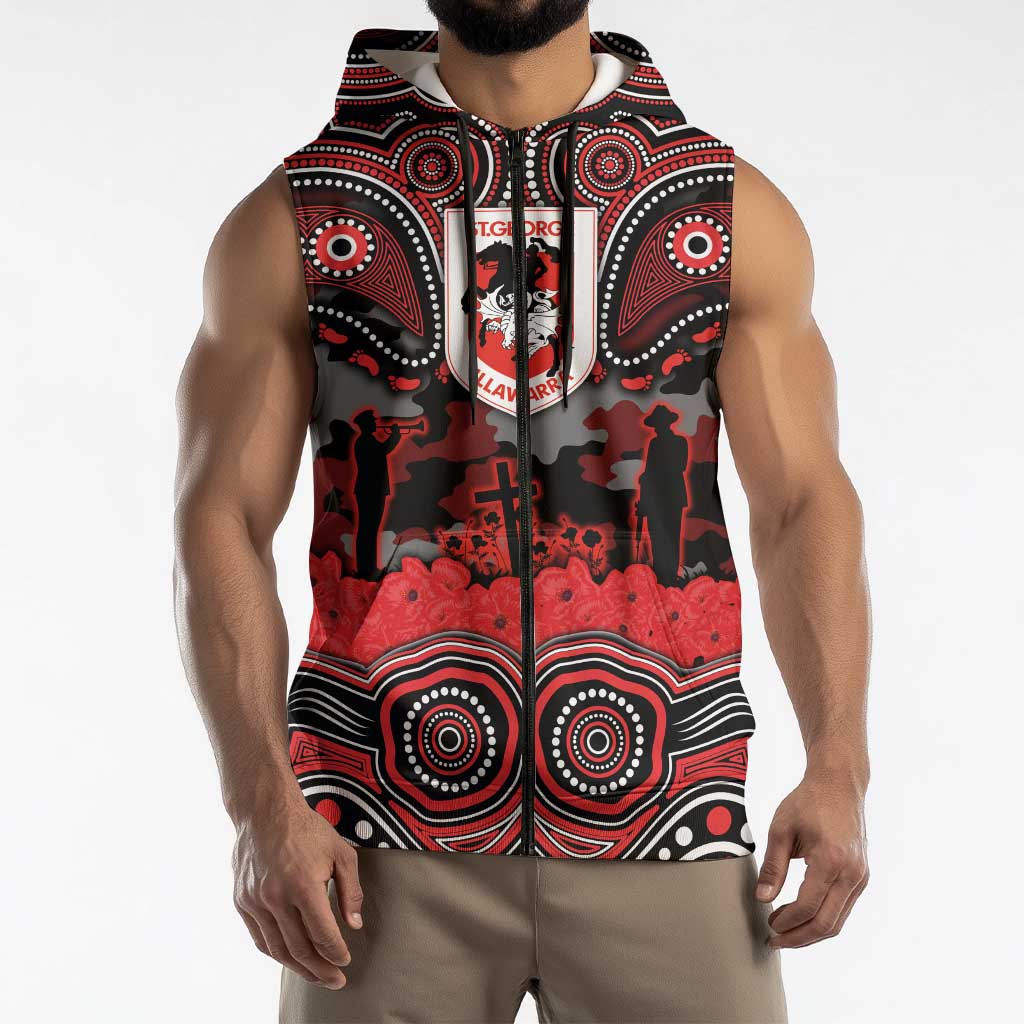 ANZAC Day St George Illawarra Dragons Sleeveless Zip Hoodie Military Memorial Aboriginal Indigenous Art