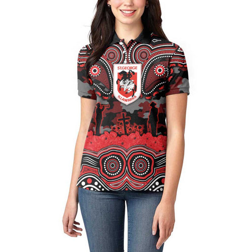 ANZAC Day St George Illawarra Dragons Women Polo Shirt Military Memorial Aboriginal Indigenous Art