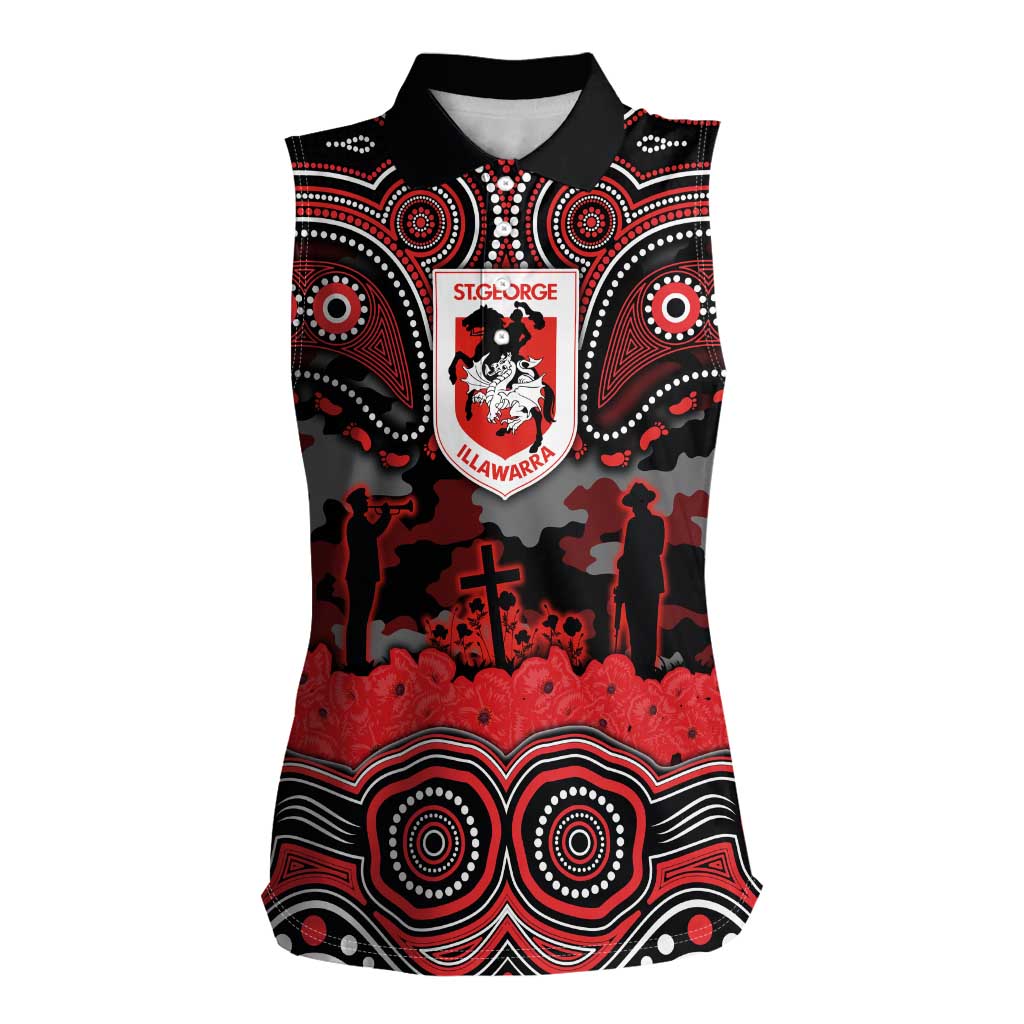 ANZAC Day St George Illawarra Dragons Women Sleeveless Polo Shirt Military Memorial Aboriginal Indigenous Art