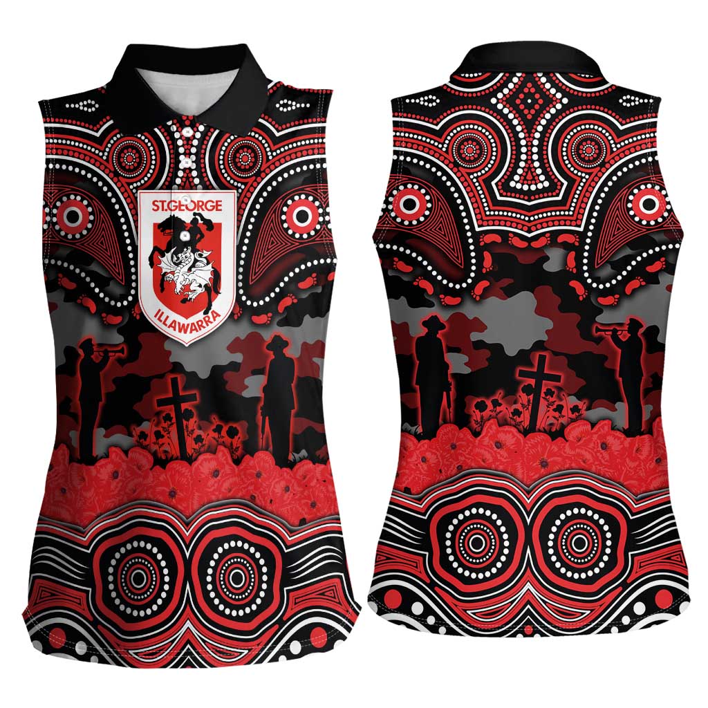 ANZAC Day St George Illawarra Dragons Women Sleeveless Polo Shirt Military Memorial Aboriginal Indigenous Art