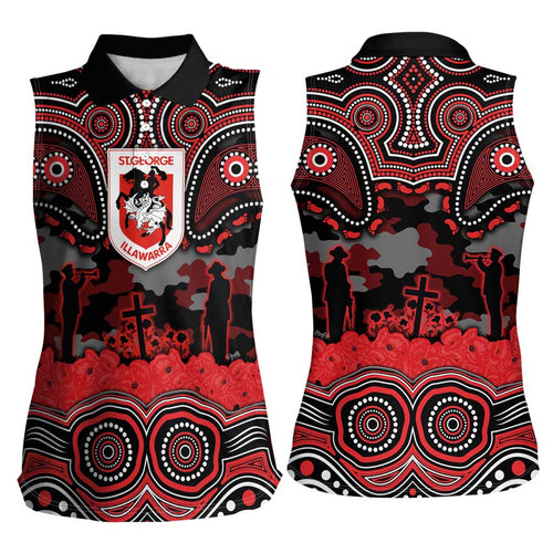 ANZAC Day St George Illawarra Dragons Women Sleeveless Polo Shirt Military Memorial Aboriginal Indigenous Art