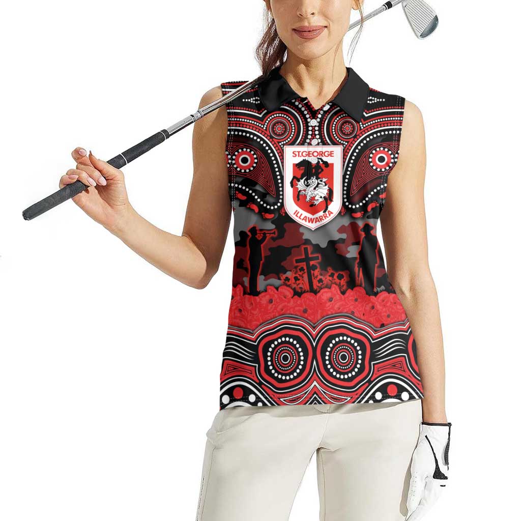 ANZAC Day St George Illawarra Dragons Women Sleeveless Polo Shirt Military Memorial Aboriginal Indigenous Art