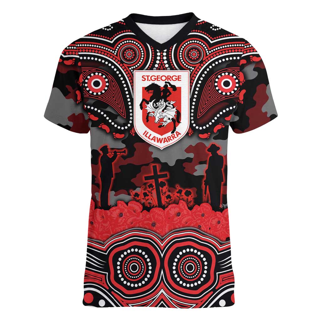 ANZAC Day St George Illawarra Dragons Women V-Neck T-Shirt Military Memorial Aboriginal Indigenous Art