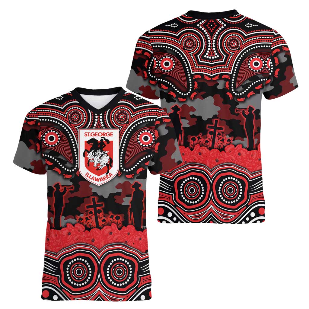 ANZAC Day St George Illawarra Dragons Women V-Neck T-Shirt Military Memorial Aboriginal Indigenous Art