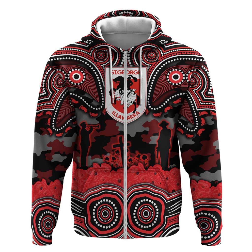 ANZAC Day St George Illawarra Dragons Zip Hoodie Military Memorial Aboriginal Indigenous Art