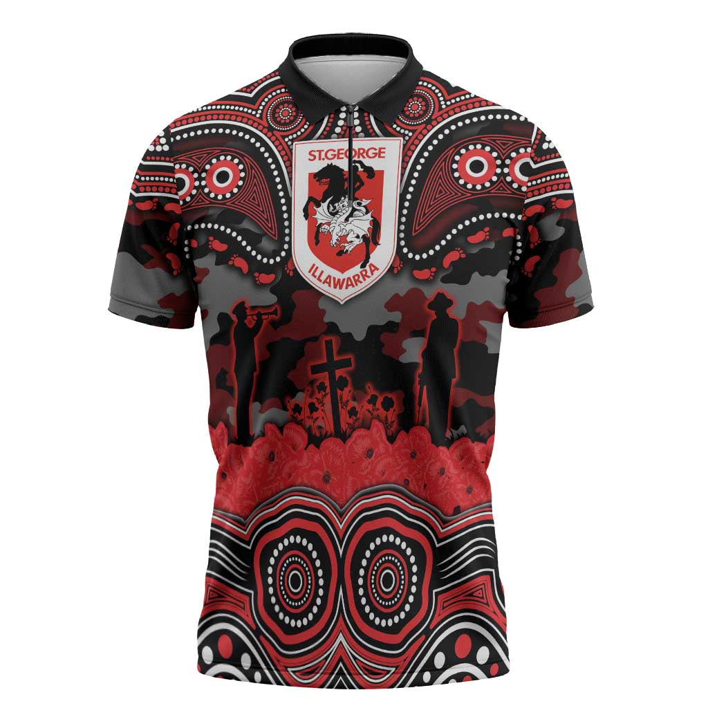 ANZAC Day St George Illawarra Dragons Zipper Polo Shirt Military Memorial Aboriginal Indigenous Art