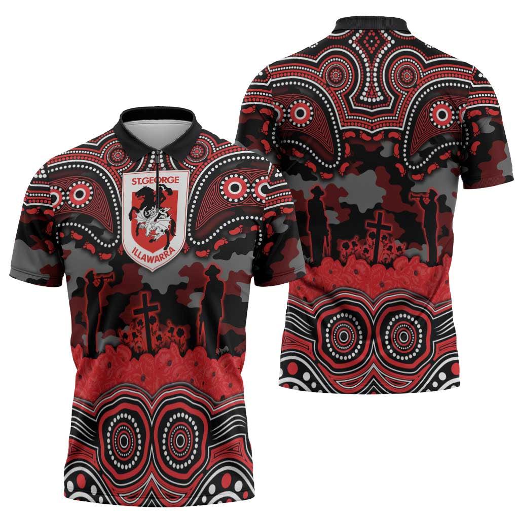 ANZAC Day St George Illawarra Dragons Zipper Polo Shirt Military Memorial Aboriginal Indigenous Art