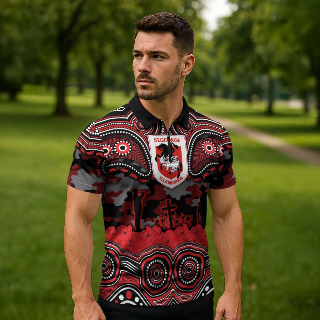 ANZAC Day St George Illawarra Dragons Zipper Polo Shirt Military Memorial Aboriginal Indigenous Art