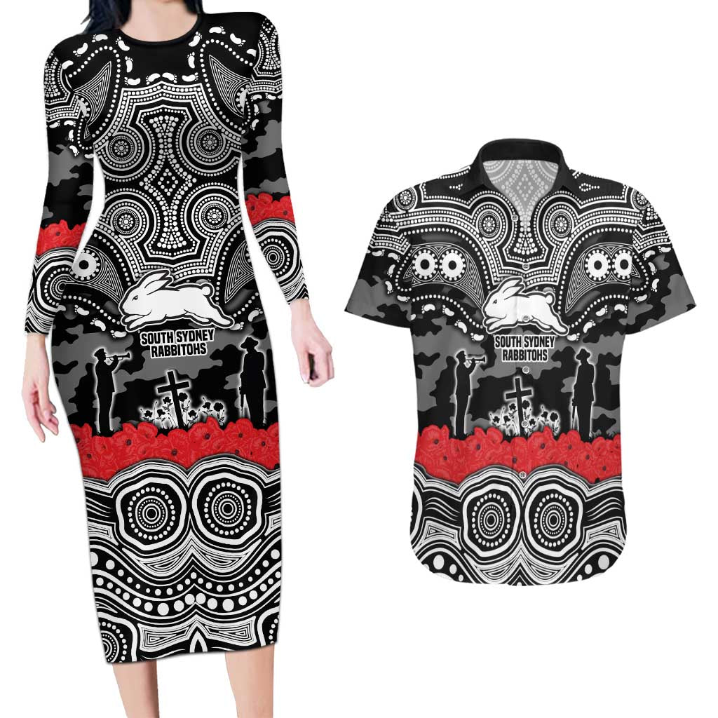 ANZAC Day South Sydney Rabbitohs Couples Matching Long Sleeve Bodycon Dress and Hawaiian Shirt Military Memorial Aboriginal Indigenous Art