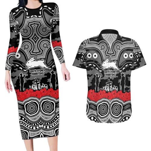 ANZAC Day South Sydney Rabbitohs Couples Matching Long Sleeve Bodycon Dress and Hawaiian Shirt Military Memorial Aboriginal Indigenous Art