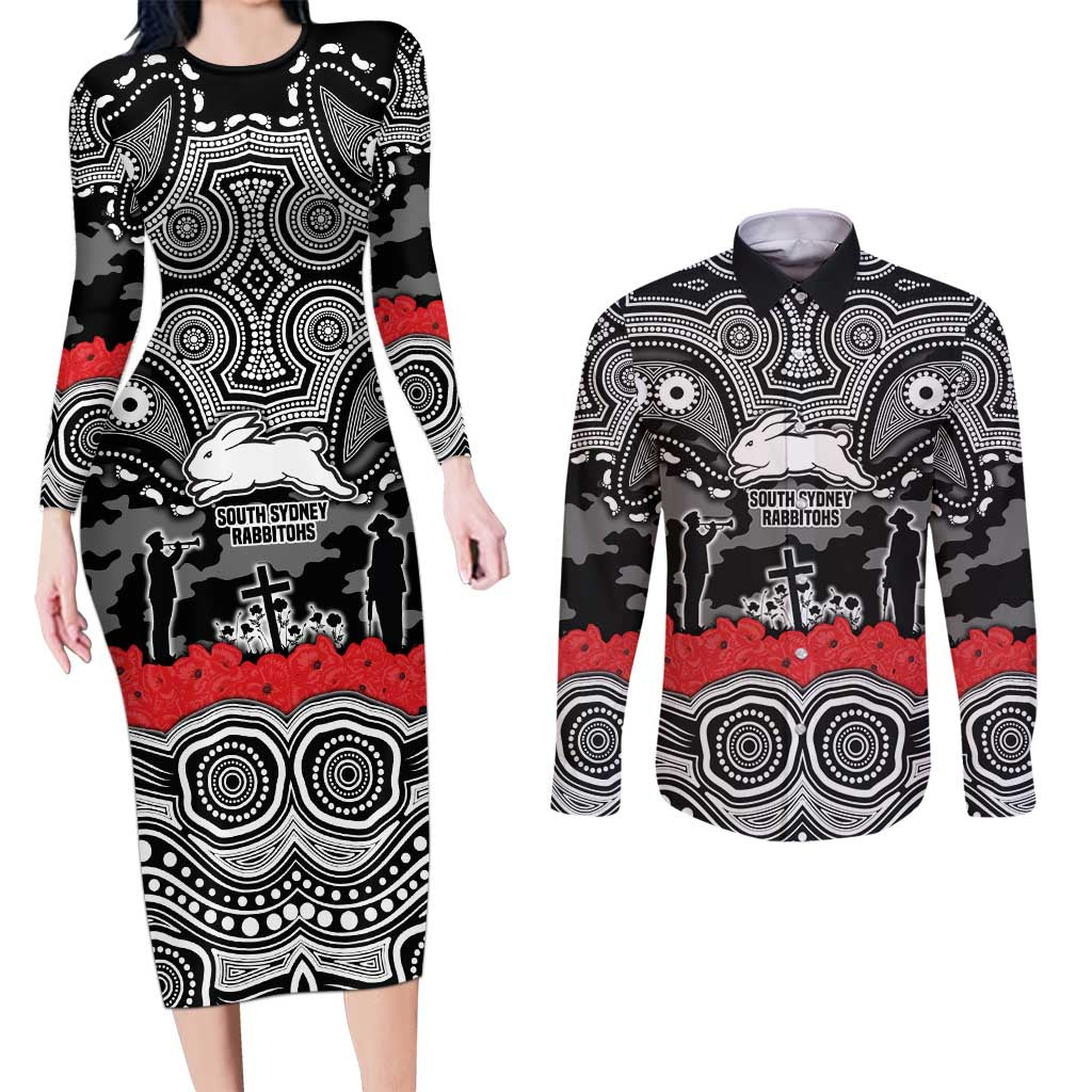 ANZAC Day South Sydney Rabbitohs Couples Matching Long Sleeve Bodycon Dress and Long Sleeve Button Shirt Military Memorial Aboriginal Indigenous Art