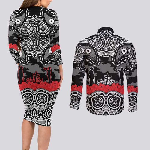 ANZAC Day South Sydney Rabbitohs Couples Matching Long Sleeve Bodycon Dress and Long Sleeve Button Shirt Military Memorial Aboriginal Indigenous Art