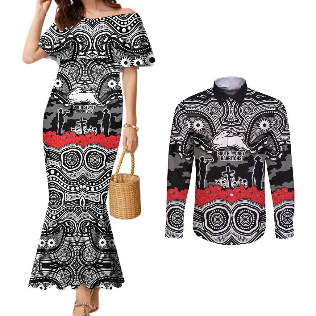 ANZAC Day South Sydney Rabbitohs Couples Matching Mermaid Dress and Long Sleeve Button Shirt Military Memorial Aboriginal Indigenous Art