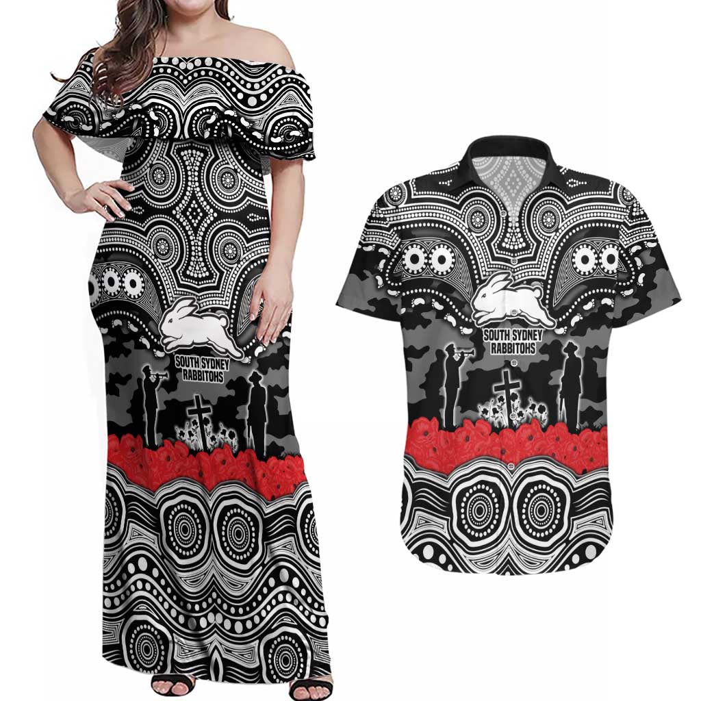 ANZAC Day South Sydney Rabbitohs Couples Matching Off Shoulder Maxi Dress and Hawaiian Shirt Military Memorial Aboriginal Indigenous Art