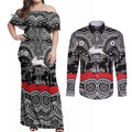 ANZAC Day South Sydney Rabbitohs Couples Matching Off Shoulder Maxi Dress and Long Sleeve Button Shirt Military Memorial Aboriginal Indigenous Art