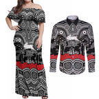 ANZAC Day South Sydney Rabbitohs Couples Matching Off Shoulder Maxi Dress and Long Sleeve Button Shirt Military Memorial Aboriginal Indigenous Art