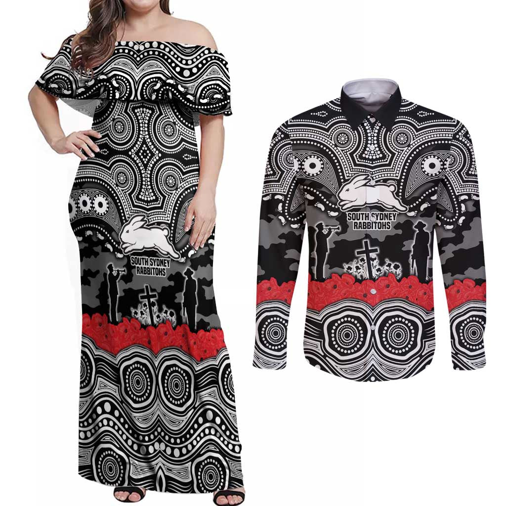 ANZAC Day South Sydney Rabbitohs Couples Matching Off Shoulder Maxi Dress and Long Sleeve Button Shirt Military Memorial Aboriginal Indigenous Art