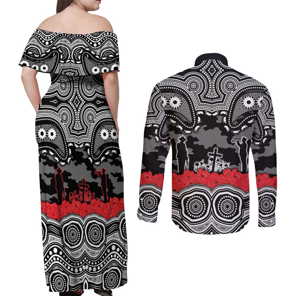 ANZAC Day South Sydney Rabbitohs Couples Matching Off Shoulder Maxi Dress and Long Sleeve Button Shirt Military Memorial Aboriginal Indigenous Art