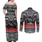 ANZAC Day South Sydney Rabbitohs Couples Matching Off Shoulder Maxi Dress and Long Sleeve Button Shirt Military Memorial Aboriginal Indigenous Art