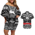 ANZAC Day South Sydney Rabbitohs Couples Matching Off Shoulder Short Dress and Hawaiian Shirt Military Memorial Aboriginal Indigenous Art