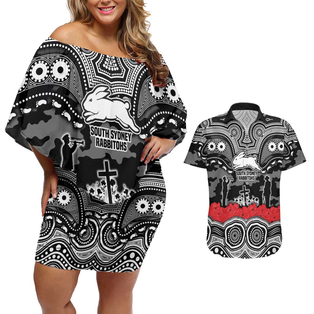 ANZAC Day South Sydney Rabbitohs Couples Matching Off Shoulder Short Dress and Hawaiian Shirt Military Memorial Aboriginal Indigenous Art