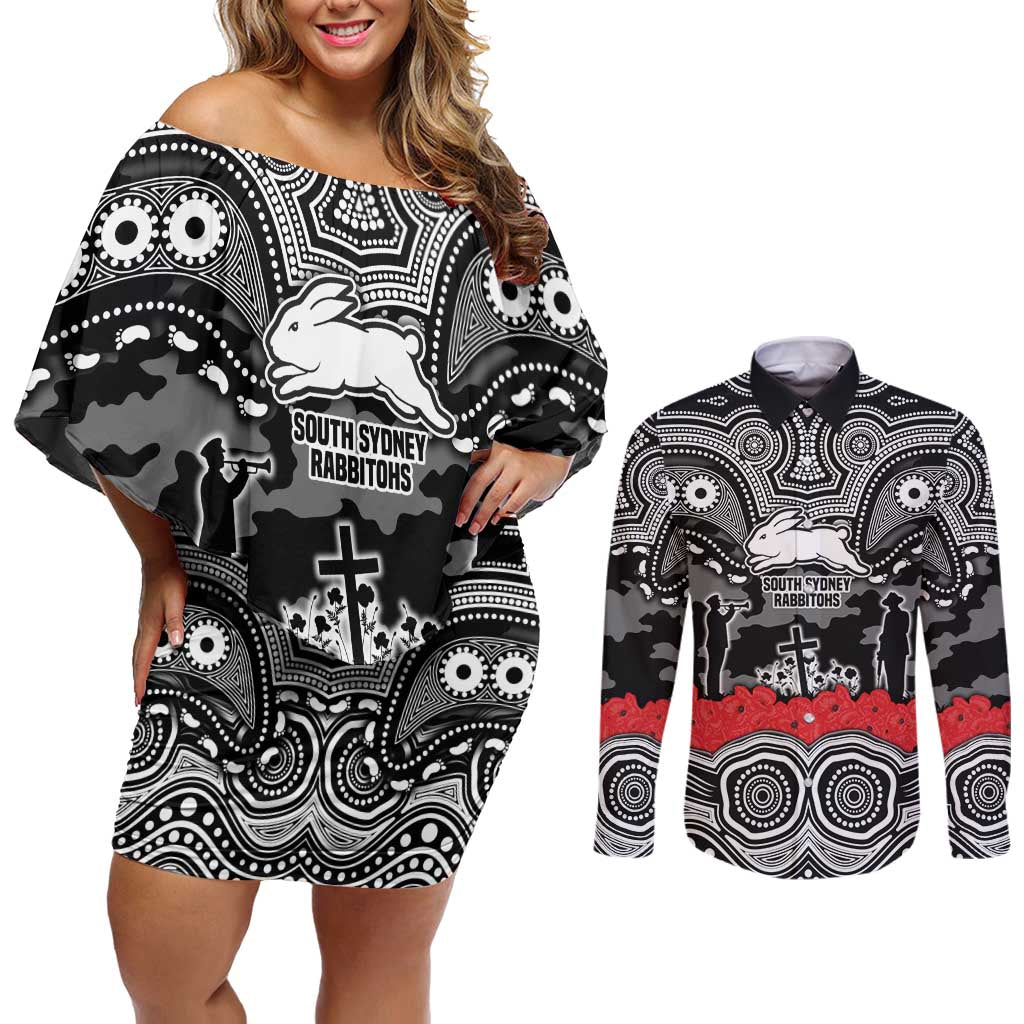 ANZAC Day South Sydney Rabbitohs Couples Matching Off Shoulder Short Dress and Long Sleeve Button Shirt Military Memorial Aboriginal Indigenous Art
