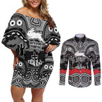 ANZAC Day South Sydney Rabbitohs Couples Matching Off Shoulder Short Dress and Long Sleeve Button Shirt Military Memorial Aboriginal Indigenous Art