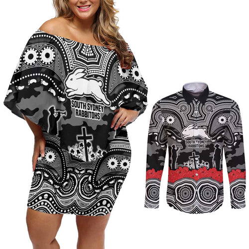 ANZAC Day South Sydney Rabbitohs Couples Matching Off Shoulder Short Dress and Long Sleeve Button Shirt Military Memorial Aboriginal Indigenous Art