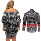 ANZAC Day South Sydney Rabbitohs Couples Matching Off Shoulder Short Dress and Long Sleeve Button Shirt Military Memorial Aboriginal Indigenous Art
