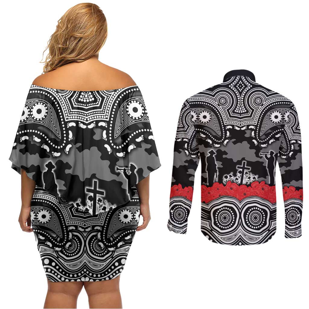ANZAC Day South Sydney Rabbitohs Couples Matching Off Shoulder Short Dress and Long Sleeve Button Shirt Military Memorial Aboriginal Indigenous Art