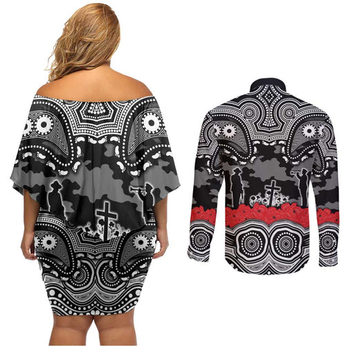 ANZAC Day South Sydney Rabbitohs Couples Matching Off Shoulder Short Dress and Long Sleeve Button Shirt Military Memorial Aboriginal Indigenous Art
