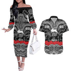 ANZAC Day South Sydney Rabbitohs Couples Matching Off The Shoulder Long Sleeve Dress and Hawaiian Shirt Military Memorial Aboriginal Indigenous Art