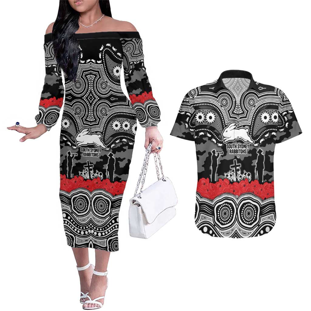 ANZAC Day South Sydney Rabbitohs Couples Matching Off The Shoulder Long Sleeve Dress and Hawaiian Shirt Military Memorial Aboriginal Indigenous Art