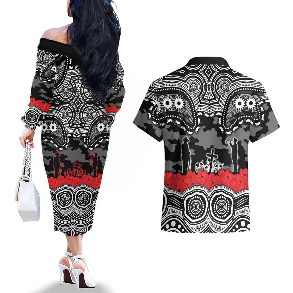 ANZAC Day South Sydney Rabbitohs Couples Matching Off The Shoulder Long Sleeve Dress and Hawaiian Shirt Military Memorial Aboriginal Indigenous Art
