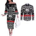 ANZAC Day South Sydney Rabbitohs Couples Matching Off The Shoulder Long Sleeve Dress and Long Sleeve Button Shirt Military Memorial Aboriginal Indigenous Art
