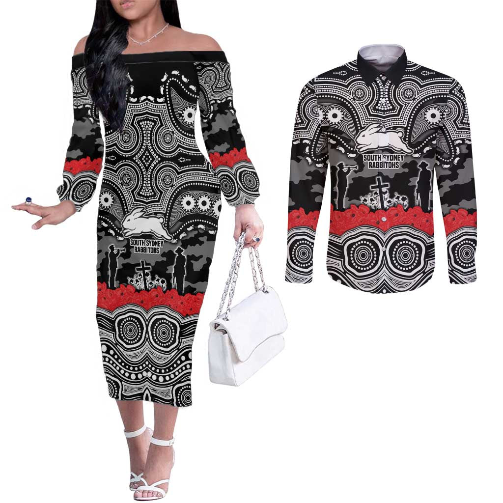 ANZAC Day South Sydney Rabbitohs Couples Matching Off The Shoulder Long Sleeve Dress and Long Sleeve Button Shirt Military Memorial Aboriginal Indigenous Art