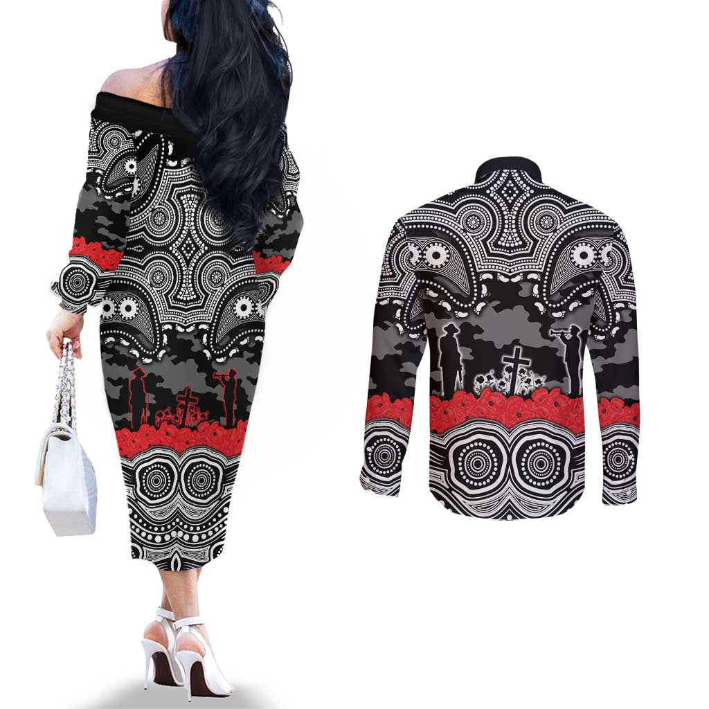 ANZAC Day South Sydney Rabbitohs Couples Matching Off The Shoulder Long Sleeve Dress and Long Sleeve Button Shirt Military Memorial Aboriginal Indigenous Art