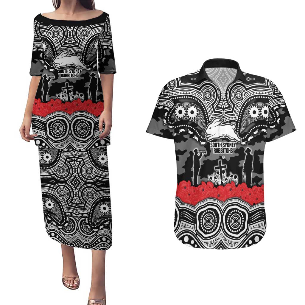 ANZAC Day South Sydney Rabbitohs Couples Matching Puletasi and Hawaiian Shirt Military Memorial Aboriginal Indigenous Art