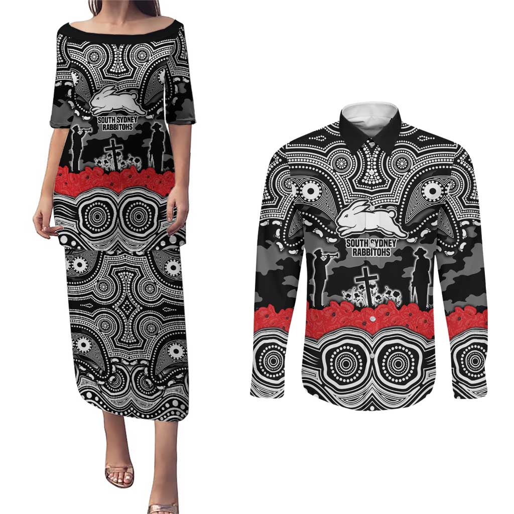 ANZAC Day South Sydney Rabbitohs Couples Matching Puletasi and Long Sleeve Button Shirt Military Memorial Aboriginal Indigenous Art