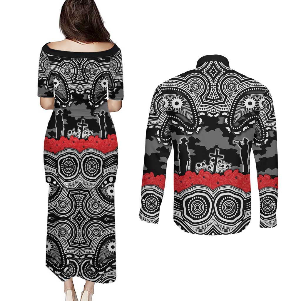 ANZAC Day South Sydney Rabbitohs Couples Matching Puletasi and Long Sleeve Button Shirt Military Memorial Aboriginal Indigenous Art