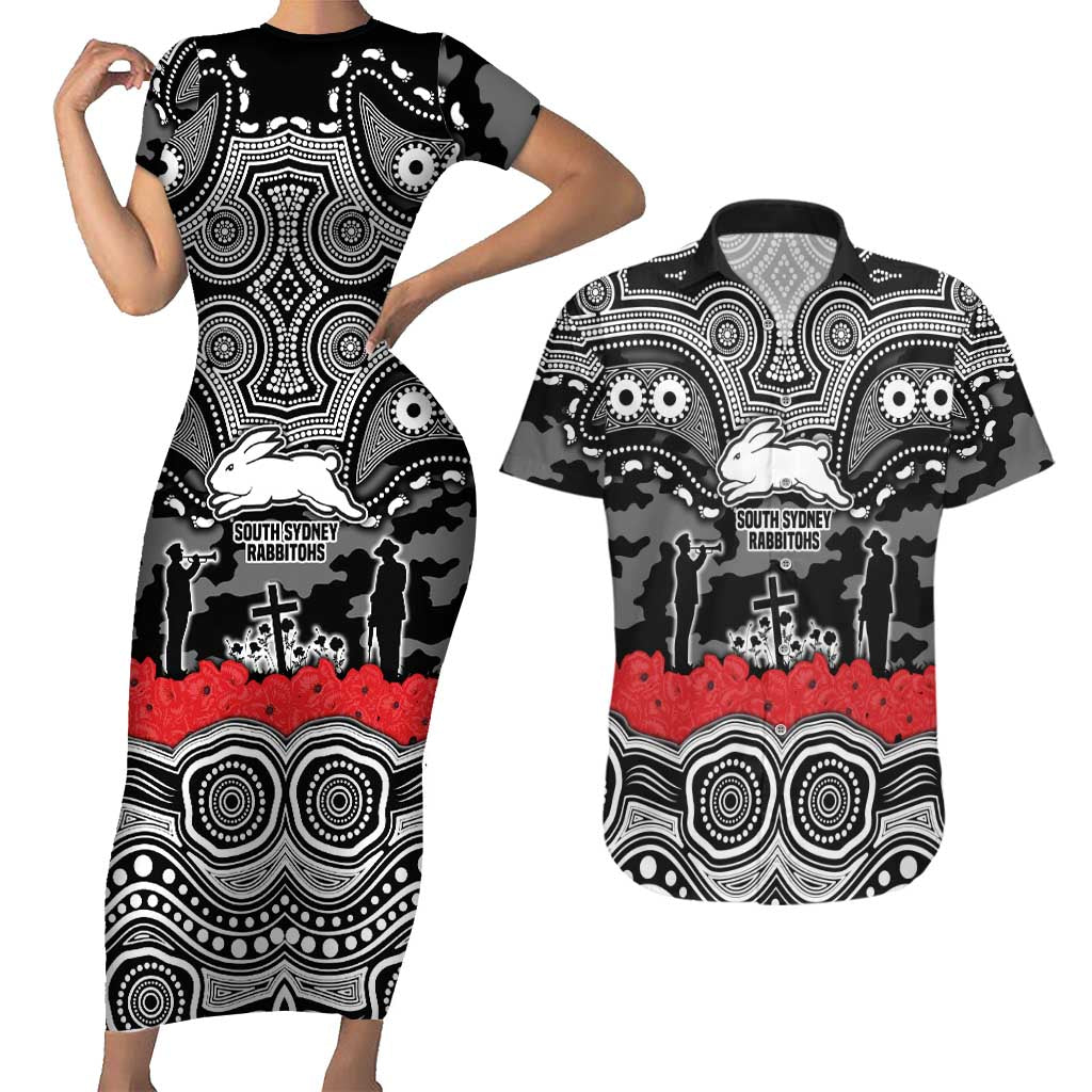 ANZAC Day South Sydney Rabbitohs Couples Matching Short Sleeve Bodycon Dress and Hawaiian Shirt Military Memorial Aboriginal Indigenous Art