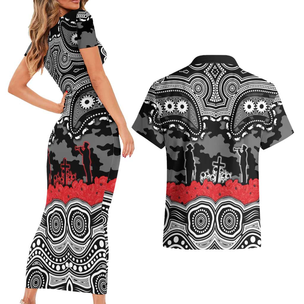 ANZAC Day South Sydney Rabbitohs Couples Matching Short Sleeve Bodycon Dress and Hawaiian Shirt Military Memorial Aboriginal Indigenous Art