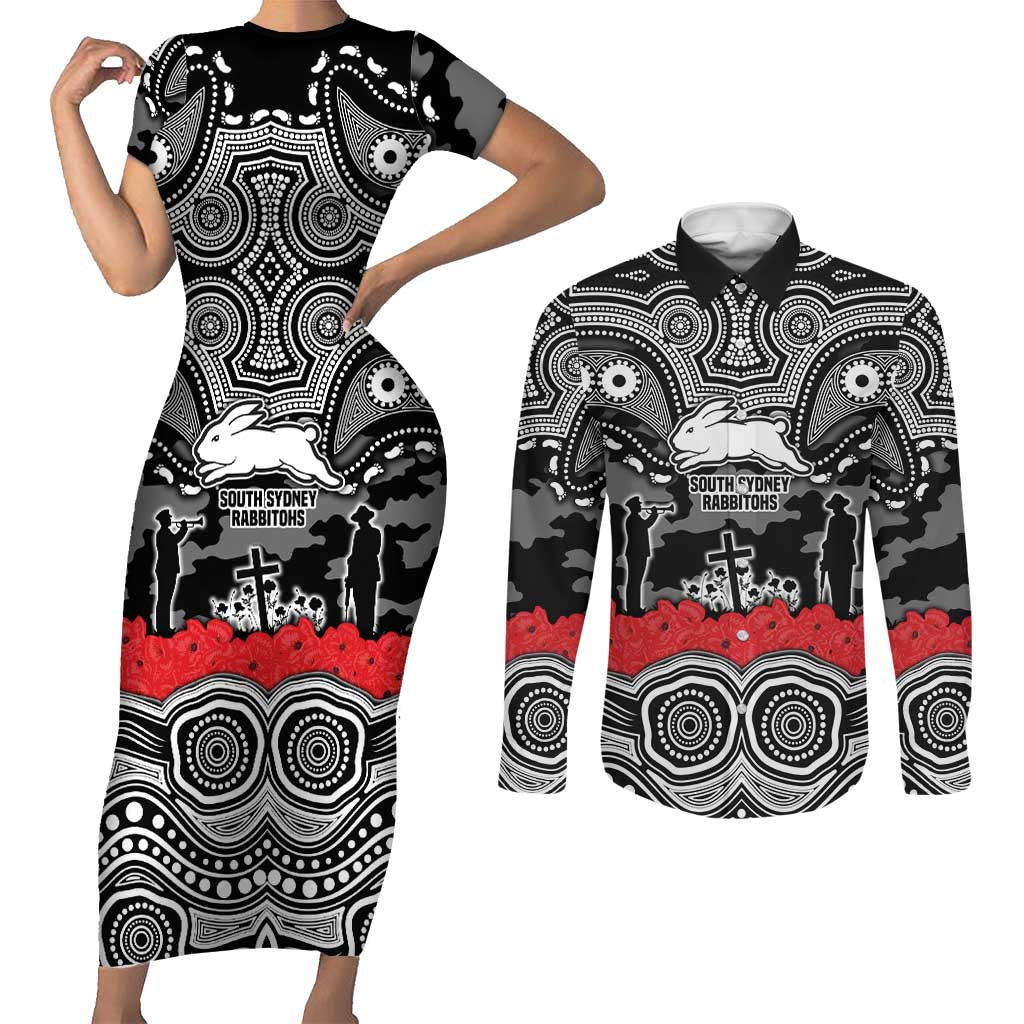 ANZAC Day South Sydney Rabbitohs Couples Matching Short Sleeve Bodycon Dress and Long Sleeve Button Shirt Military Memorial Aboriginal Indigenous Art