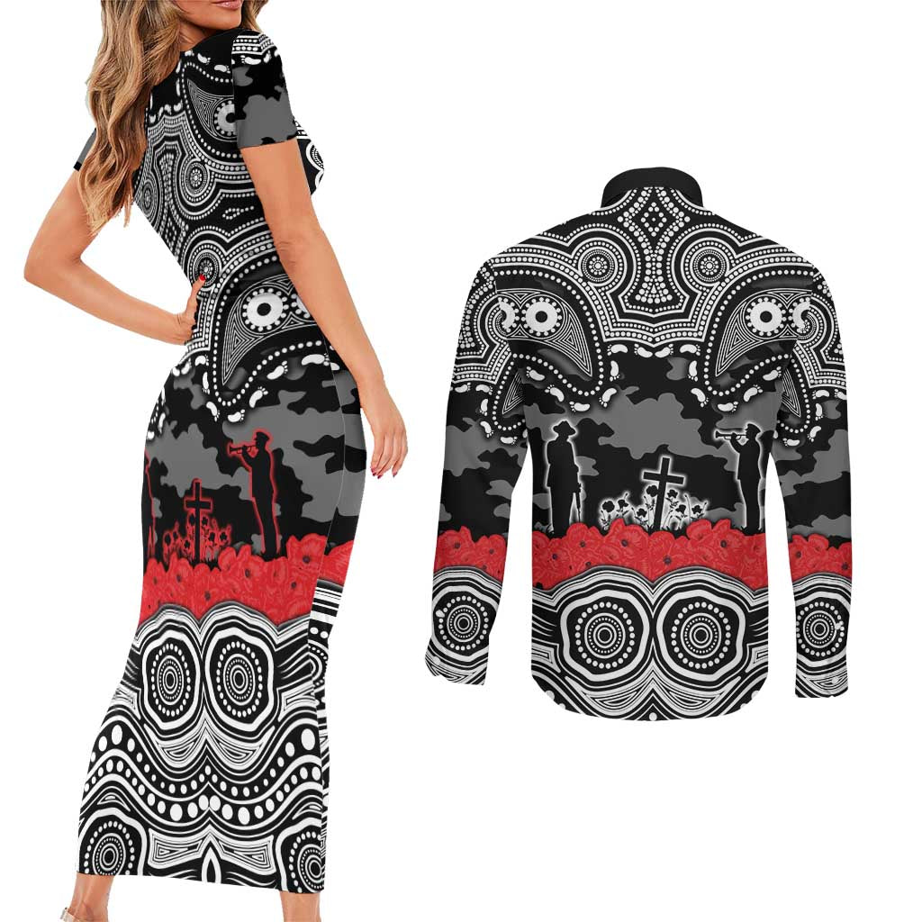 ANZAC Day South Sydney Rabbitohs Couples Matching Short Sleeve Bodycon Dress and Long Sleeve Button Shirt Military Memorial Aboriginal Indigenous Art