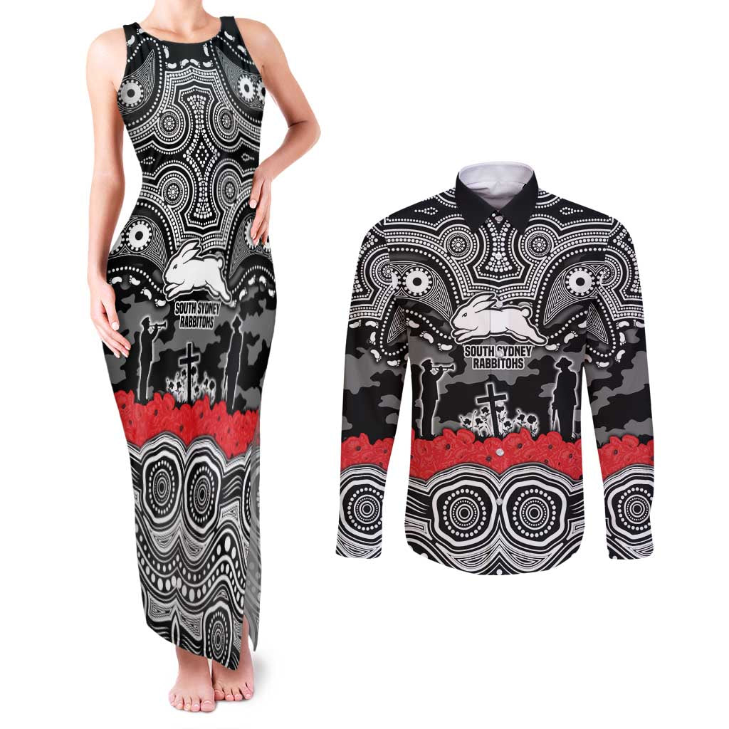 ANZAC Day South Sydney Rabbitohs Couples Matching Tank Maxi Dress and Long Sleeve Button Shirt Military Memorial Aboriginal Indigenous Art