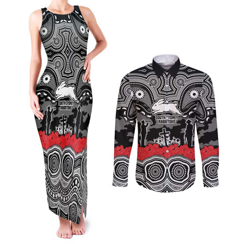 ANZAC Day South Sydney Rabbitohs Couples Matching Tank Maxi Dress and Long Sleeve Button Shirt Military Memorial Aboriginal Indigenous Art
